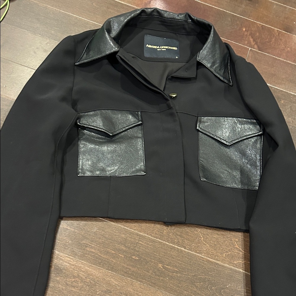 Amanda Uprichard Black Cropped Blazer with Leather Accents